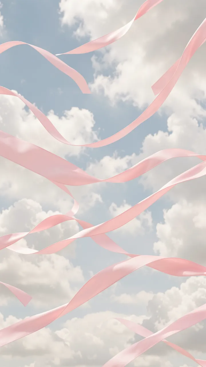 Fluttering pale pink satin ribbons drift across a soft cloudy pale blue sky