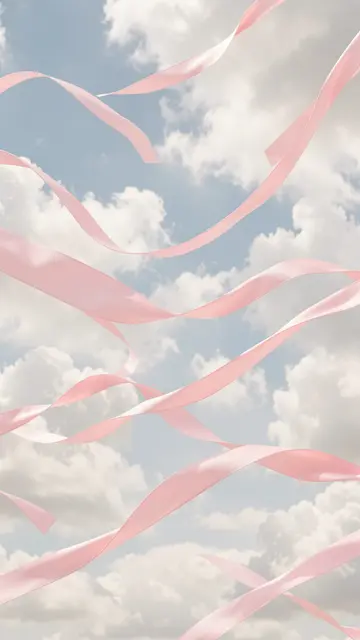 Fluttering pale pink satin ribbons drift across a soft cloudy pale blue sky