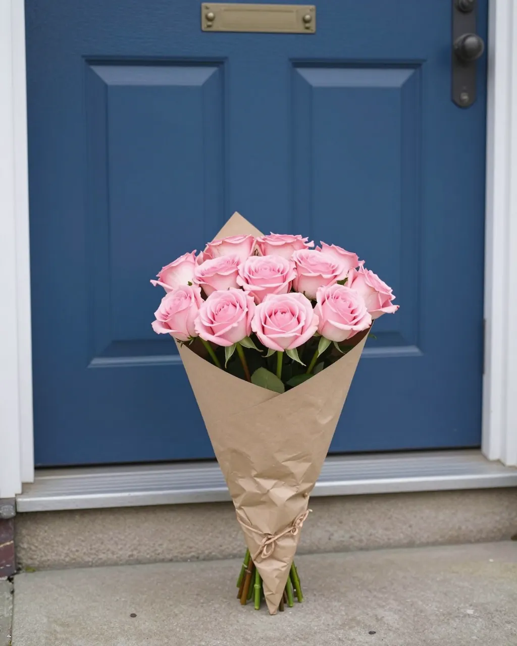 Bouquet of pale pink roses wrapped in brown paper sits on a doorstep in front of a blue cottage door.