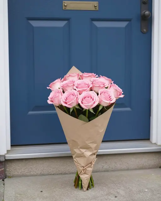 Bouquet of pale pink roses wrapped in brown paper sits on a doorstep in front of a blue cottage door.