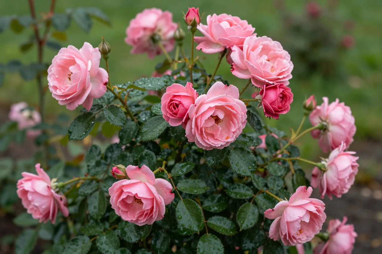 Dew-covered pink rose bush with open blooms and buds in a green garden setting after rainfall
