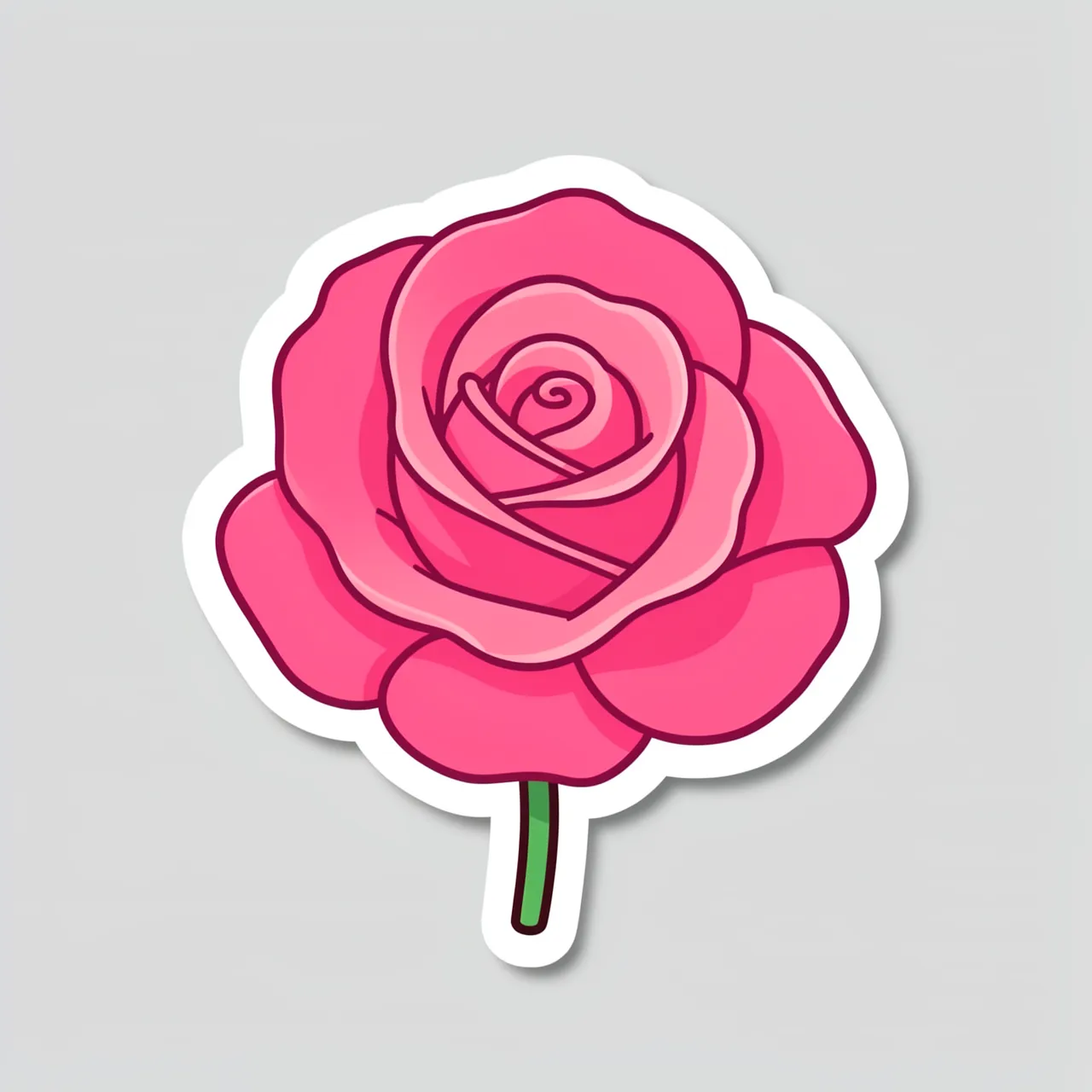 Cute flat illustration of a full bloom pink rose sticker with a thick white border on a light gray background