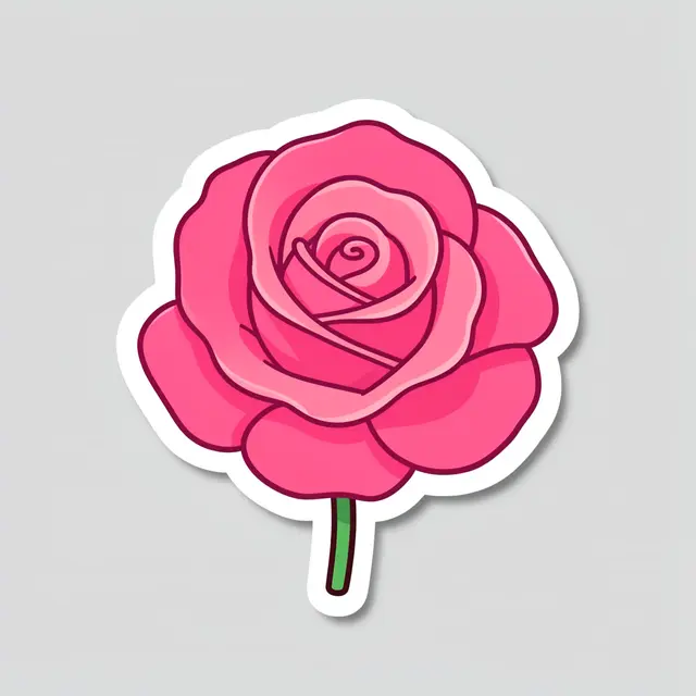 Cute flat illustration of a full bloom pink rose sticker with a thick white border on a light gray background