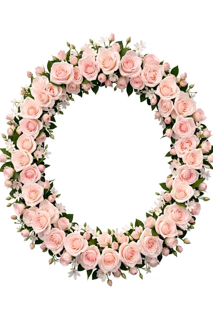 A circular floral wreath of pale pink roses, jasmine and green leaves frames an empty white center