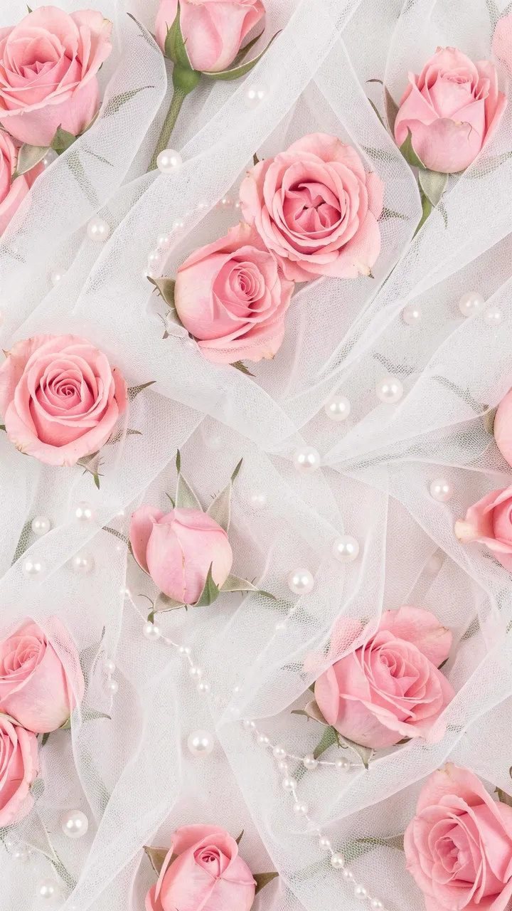 Soft pink rosebuds and scattered pearls arranged across draped sheer white tulle