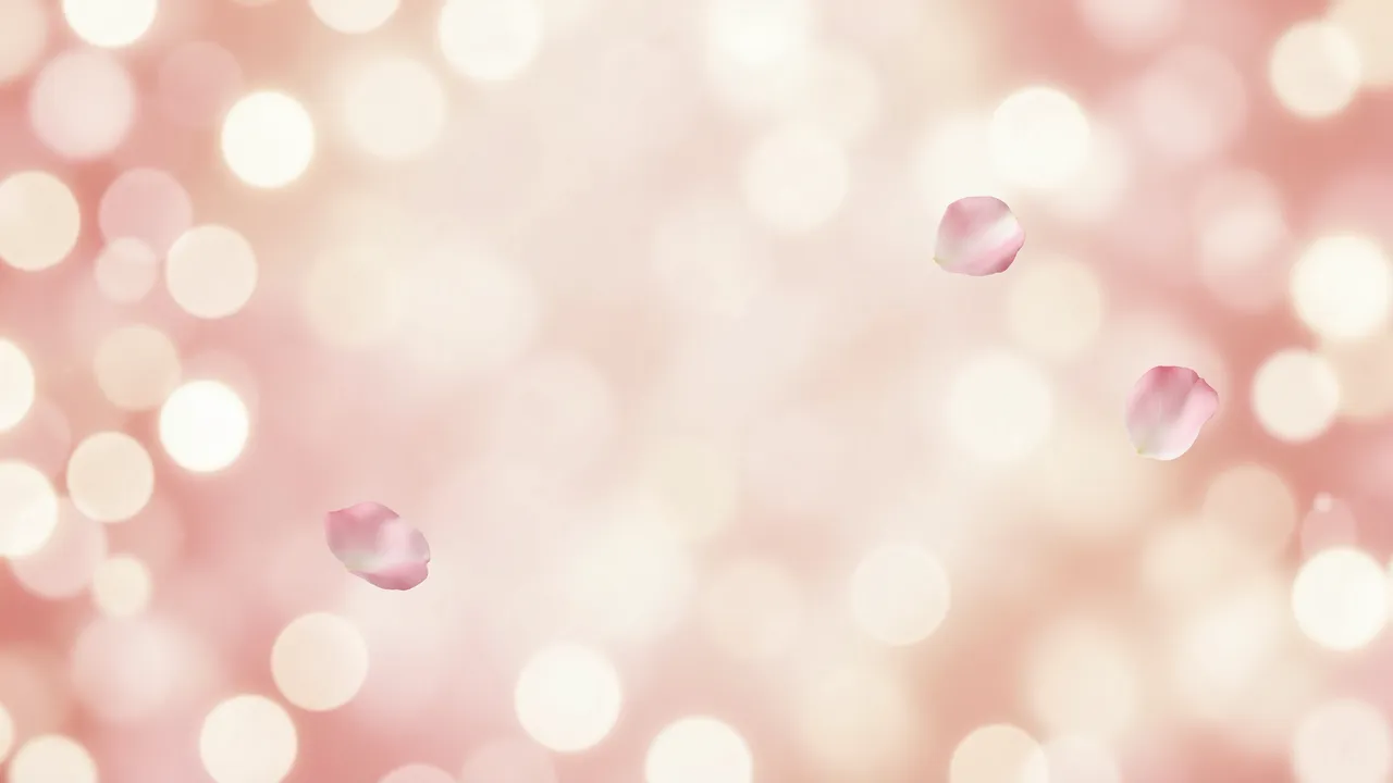 Soft blurred pink and ivory bokeh with floating delicate rose petals and empty central copy space