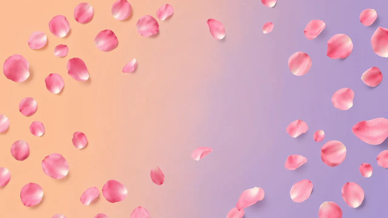 Scattered drifting pink rose petals frame an empty center over a smooth peach to lilac gradient background