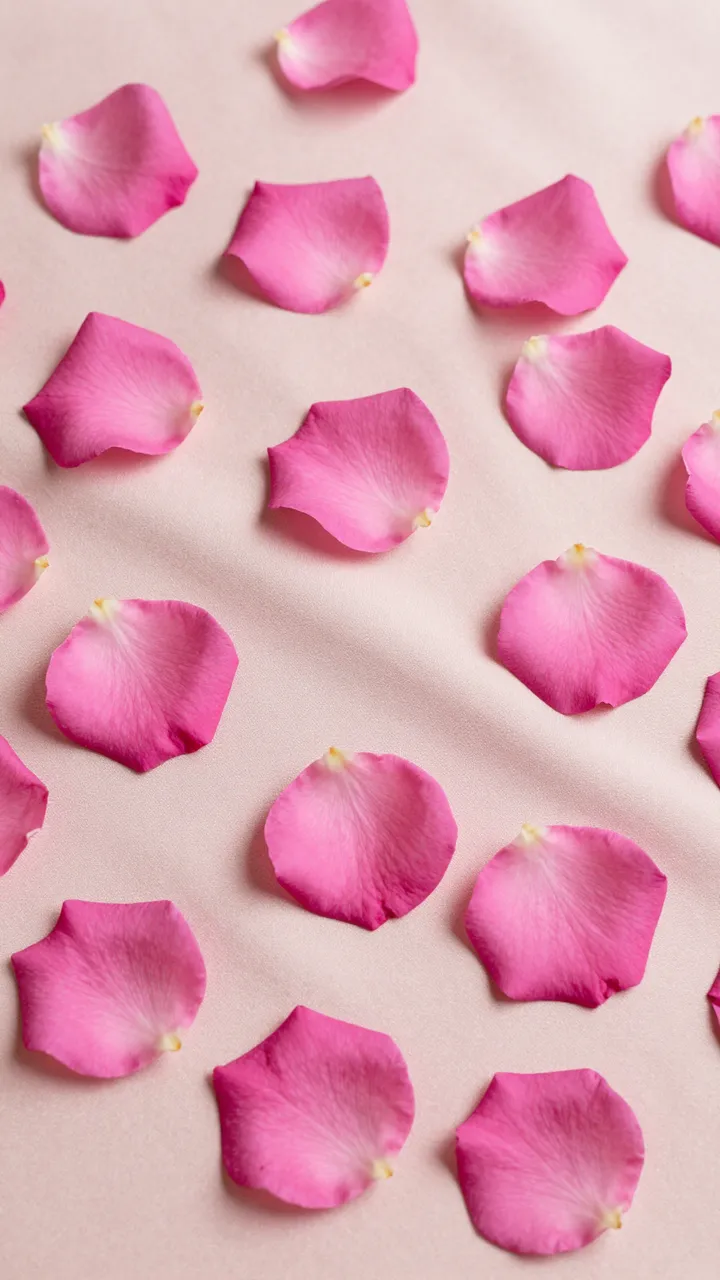 Scattered pink rose petals rest across soft draped blush silk fabric in gentle diffused light