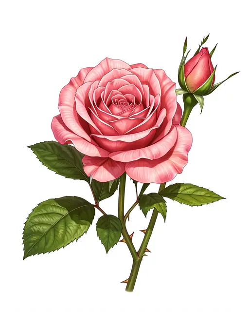 Botanical illustration of a fully bloomed pink rose, closed bud, green leaves and thorns against a plain white background