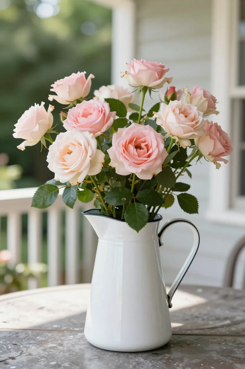A bouquet of soft pink garden roses sits in a white enamel pitcher on a sunlit porch table.