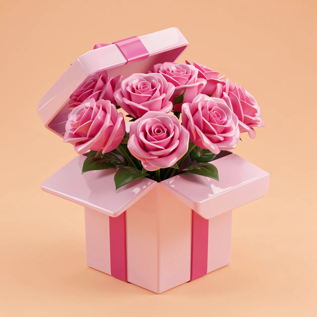 Glossy pink roses burst from an open pastel gift box against a peach background