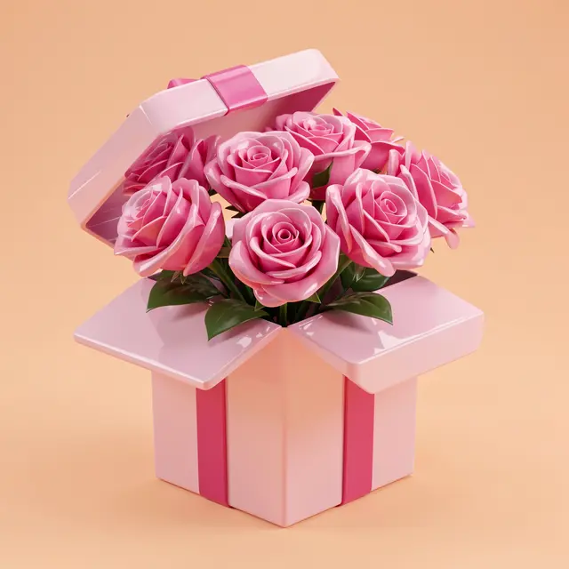 Glossy pink roses burst from an open pastel gift box against a peach background