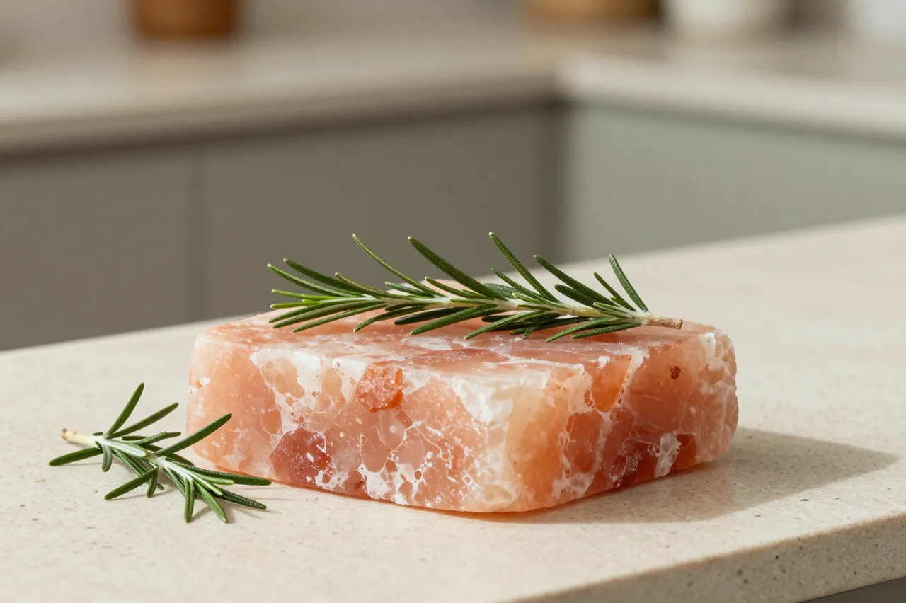 Himalayan pink salt block podium with fresh rosemary sprigs on a light stone kitchen countertop