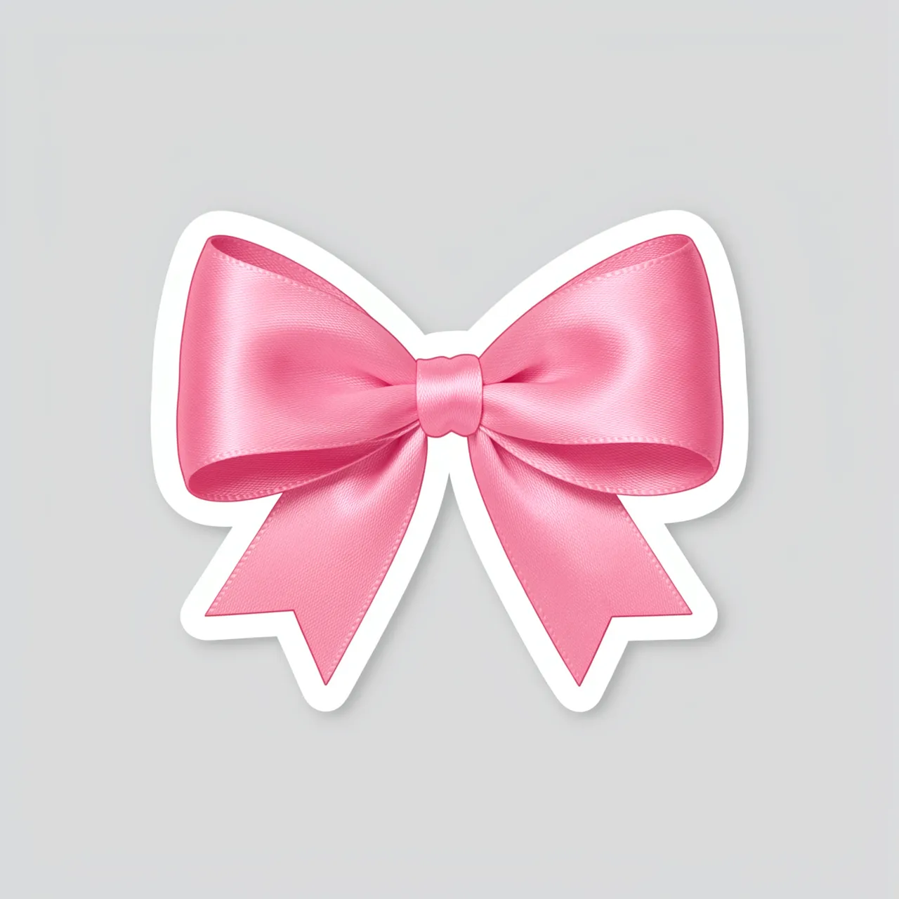 A die-cut sticker of a glossy pink satin bow with a thick white border sits on a light gray background