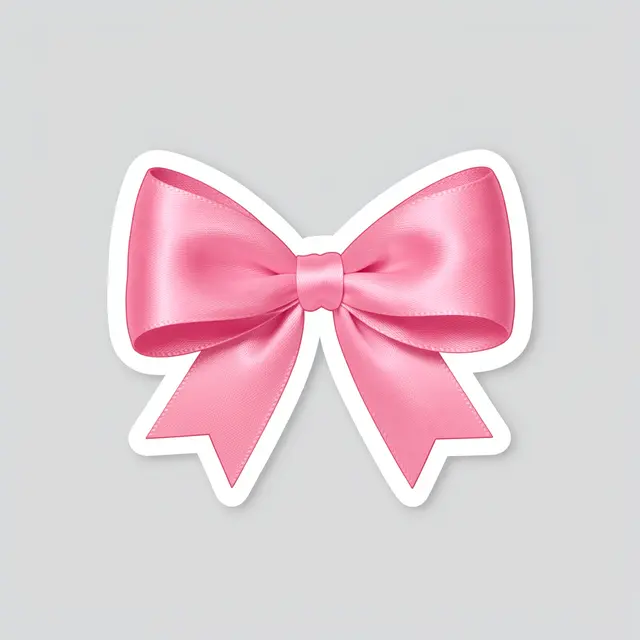 A die-cut sticker of a glossy pink satin bow with a thick white border sits on a light gray background