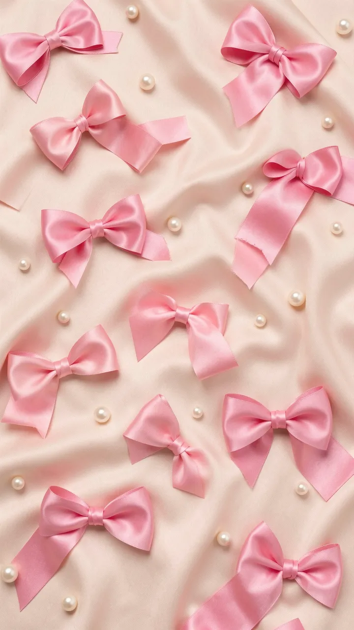 Scattered pink satin bows and loose pearls rest on soft draped blush silk fabric