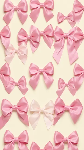 Scattered pink and pale pink satin bows arranged across a soft cream background for a vertical wallpaper design