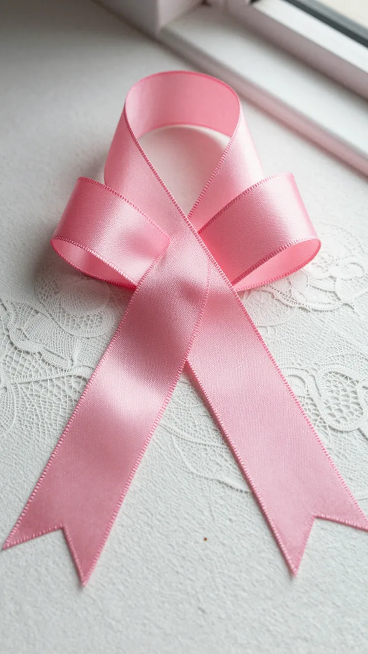 A pink satin bow rests on delicate white lace next to a sunlit window frame.