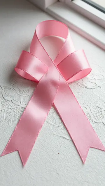A pink satin bow rests on delicate white lace next to a sunlit window frame.