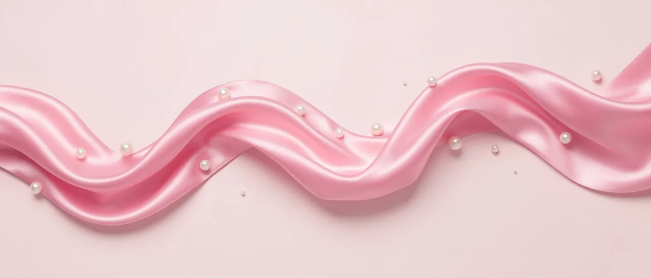 A rippling soft wave of pink satin ribbon scattered with pearls rests on a pale pink background.