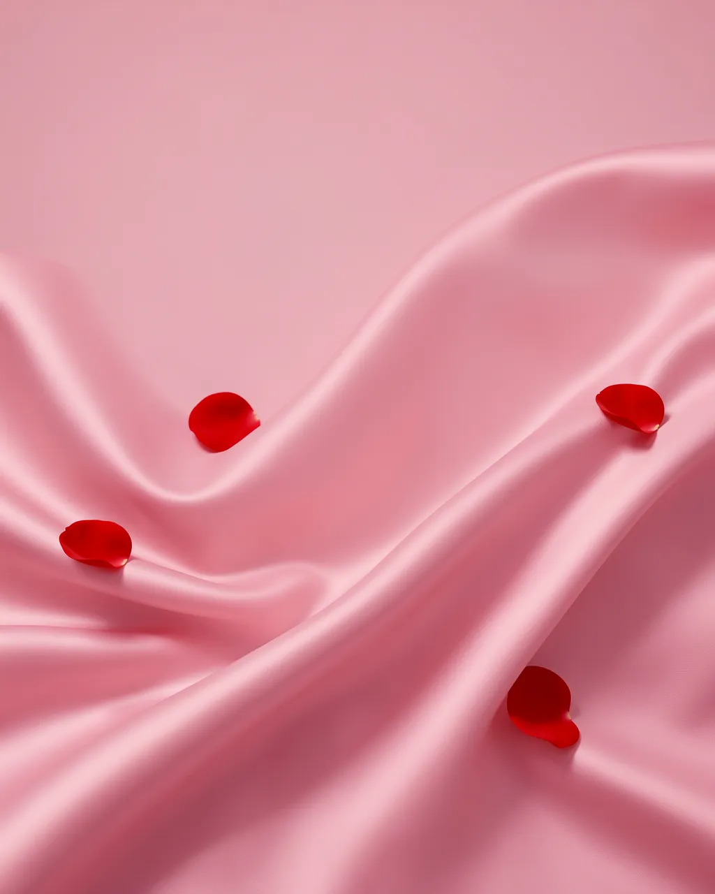 Flowing pink satin fabric scattered with red rose petals, with empty copy space at the top of the frame