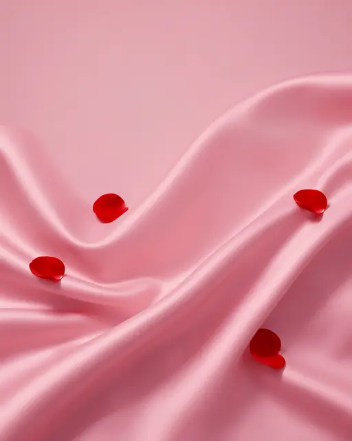 Flowing pink satin fabric scattered with red rose petals, with empty copy space at the top of the frame
