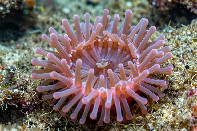 Close-up of a pink sea anemone with extended tentacles anchored to an underwater rocky sandy reef.