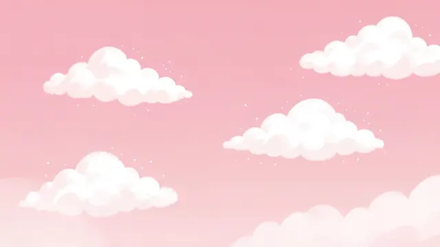 Soft light pink gradient sky with fluffy white clouds and tiny scattered sparkles
