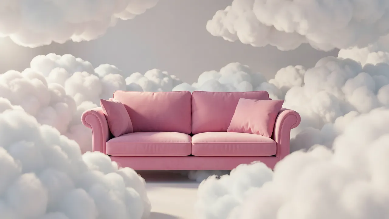 A soft pink velvet sofa sits centered inside a room filled with fluffy floating clouds.