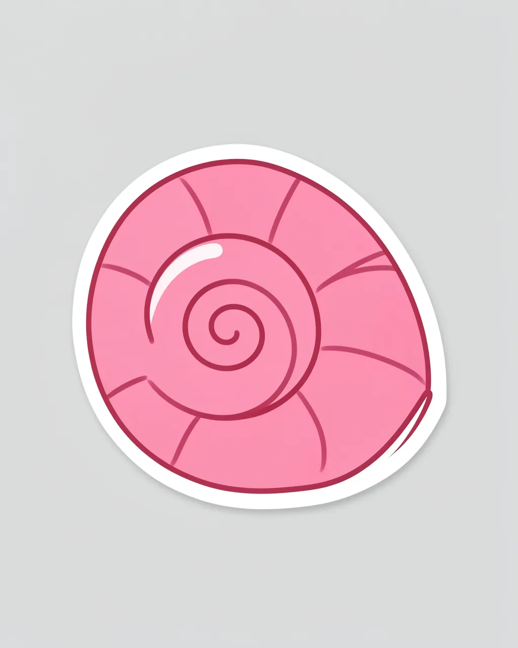 Cute flat illustration of a pink spiral shell die-cut sticker with a white border on a light gray background