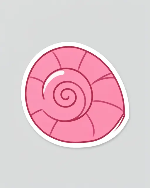Cute flat illustration of a pink spiral shell die-cut sticker with a white border on a light gray background