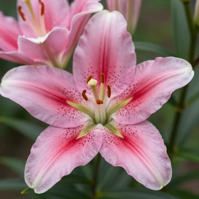 Close-up of a fully open pink stargazer lily with speckled petals against blurred green foliage