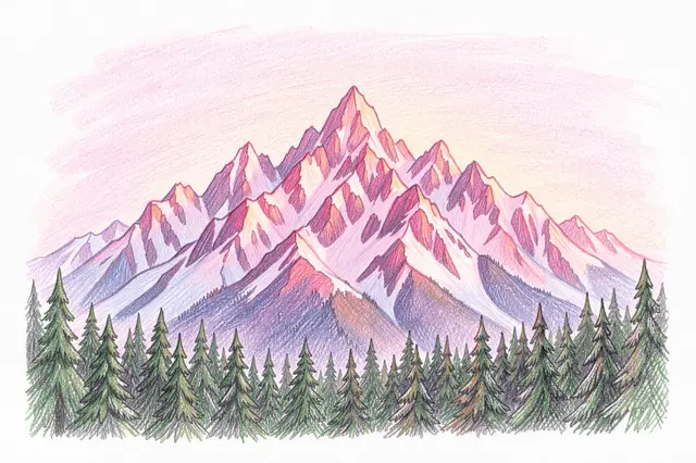 Colored pencil drawing of jagged snow-capped mountains glowing pink above a pine forest at sunrise on white paper