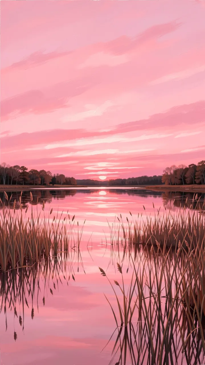 Soft pink sunset sky reflects on a still lake with foreground reeds and distant tree lines