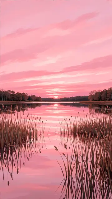 Soft pink sunset sky reflects on a still lake with foreground reeds and distant tree lines
