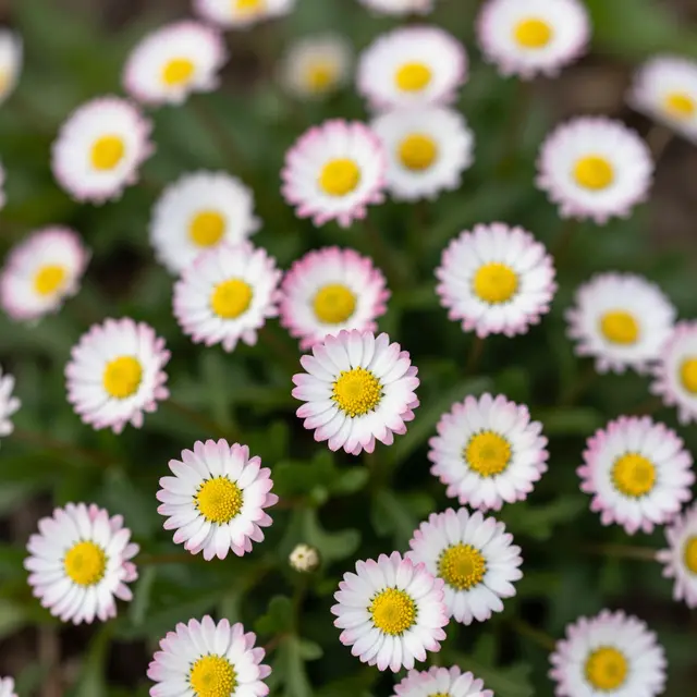 Close-up of tiny lawn daisies with white petals tipped pink, bright yellow centers, and soft green foliage behind them