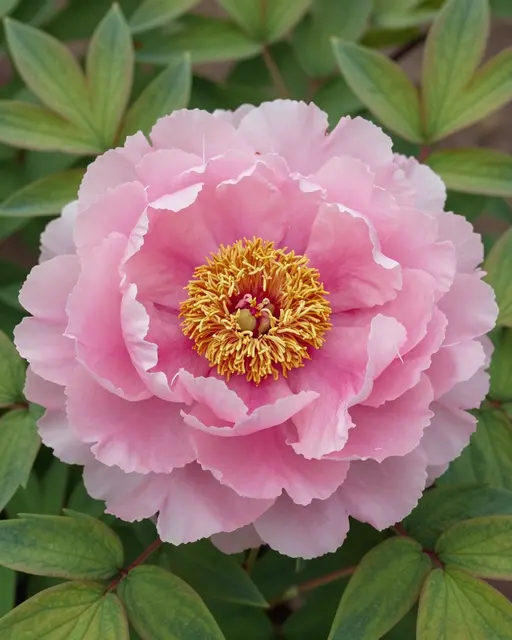 Close-up of a ruffled pink tree peony flower with a golden center surrounded by green leaves