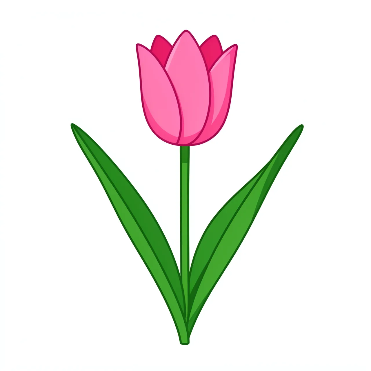 Flat illustration of a pink tulip with two long green leaves set against a plain white background
