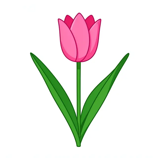 Flat illustration of a pink tulip with two long green leaves set against a plain white background
