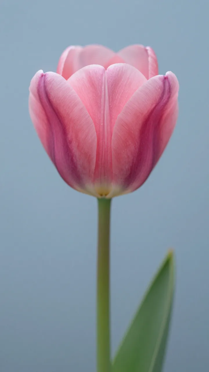 A single pink tulip with a green stem and leaf stands centered against a smooth soft blue background