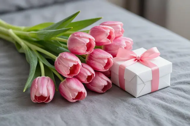 A bouquet of pink tulips and a small white gift box with a pink ribbon rest on gray bed linens