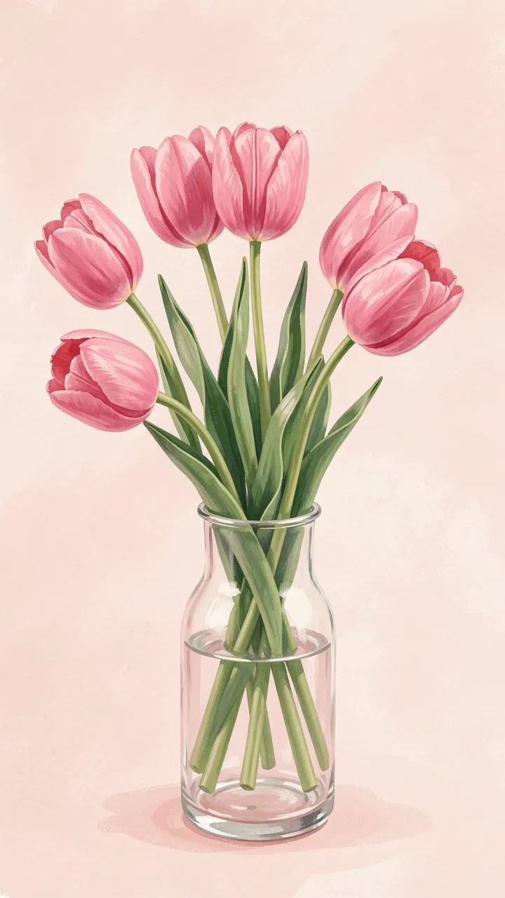 A bouquet of soft pink tulips in a clear glass vase against a blush pink background