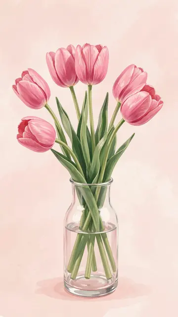 A bouquet of soft pink tulips in a clear glass vase against a blush pink background