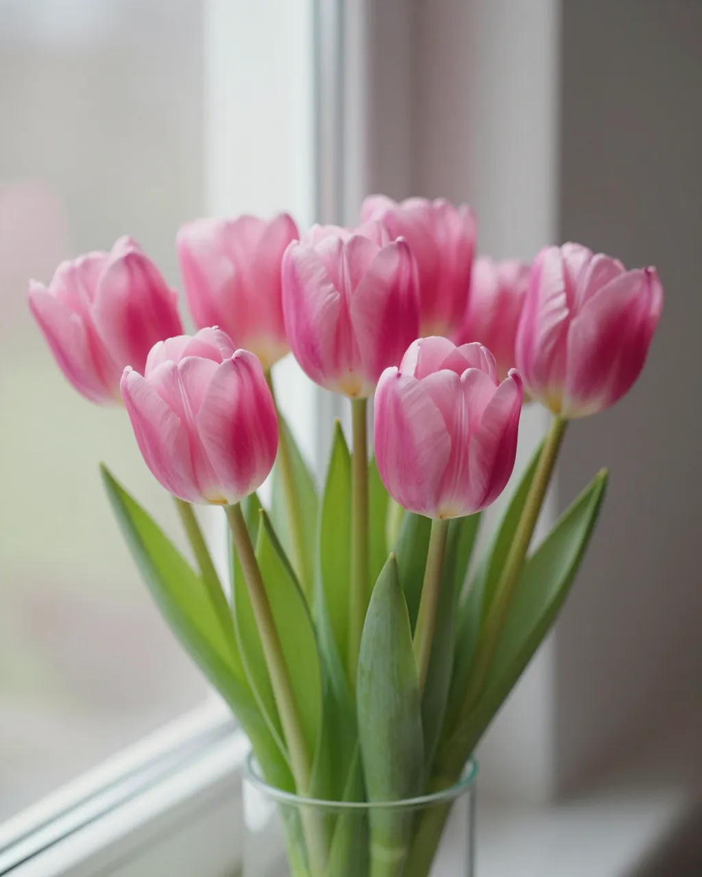 A bouquet of soft pink tulips sits in a clear glass vase on a sunlit windowsill.