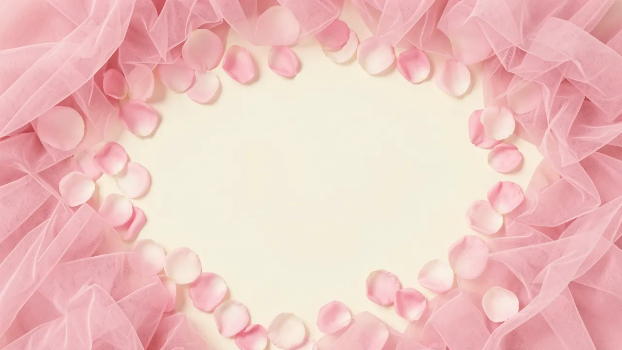 A decorative border of soft pink tulle and rose petals surrounds an empty pale ivory center with copy space