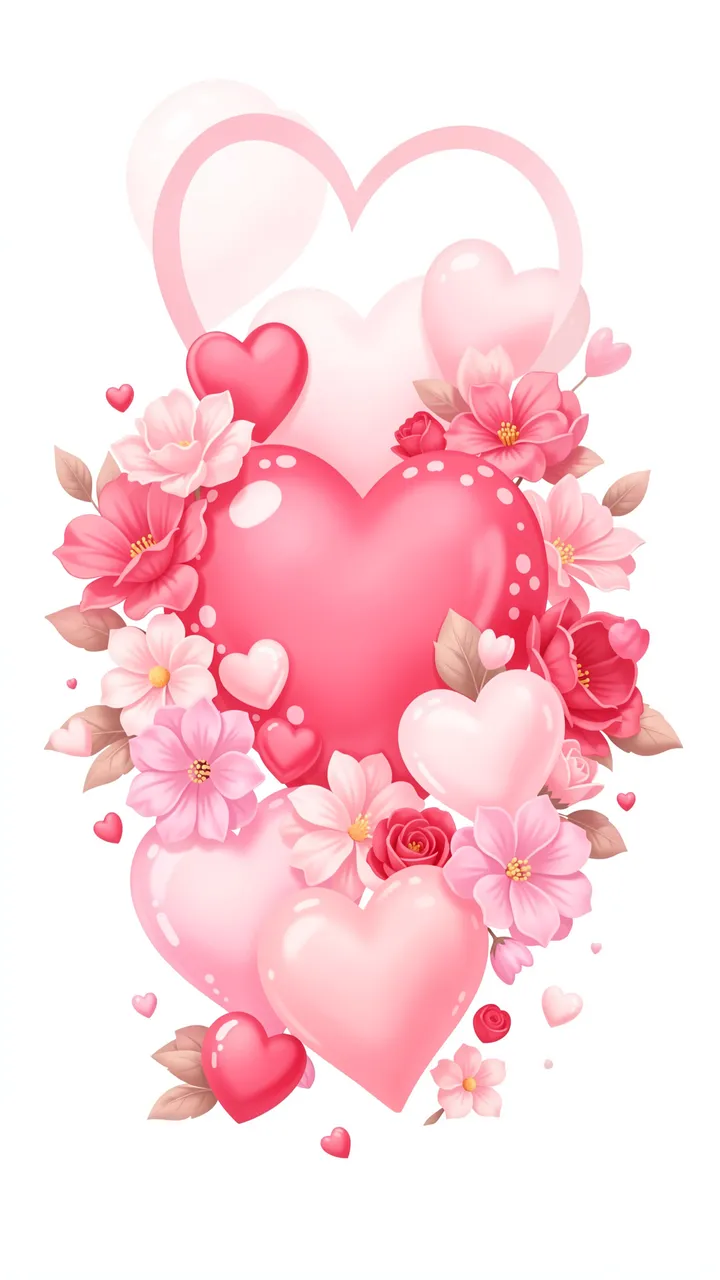 Vertical soft illustration of glossy pink hearts and delicate flowers arranged against a plain white background