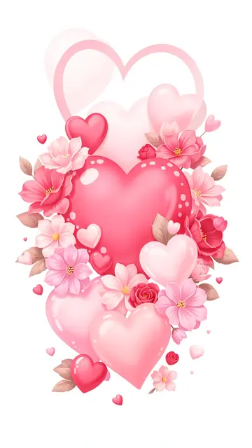Vertical soft illustration of glossy pink hearts and delicate flowers arranged against a plain white background
