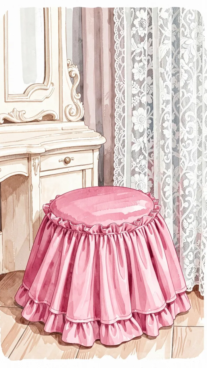 Gouache illustration of a ruffled pink vanity stool next to an ornate vintage vanity and lace curtains