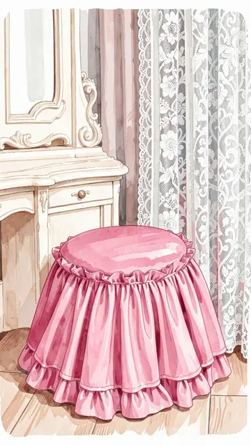 Gouache illustration of a ruffled pink vanity stool next to an ornate vintage vanity and lace curtains