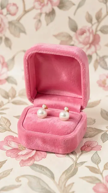An open pink velvet jewelry box holding pearl stud earrings rests on floral vintage wallpaper.